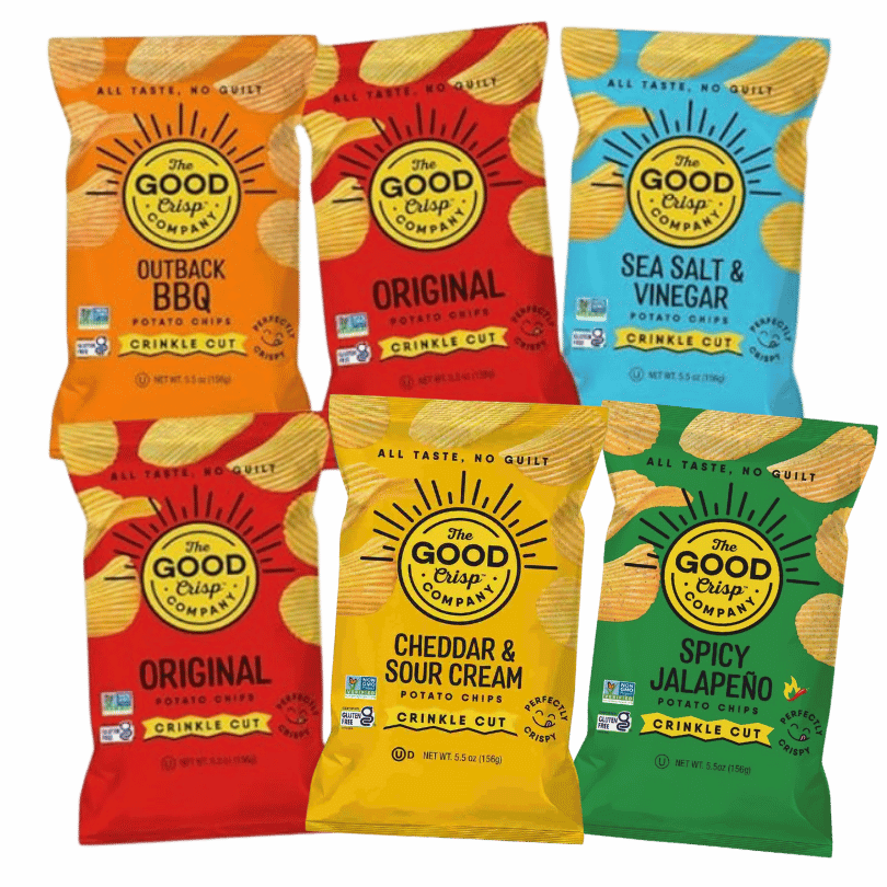 Assorted packages of The Good Crisp Company potato chips on a blue background