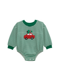 green striped baby bubble with a red car on the front 