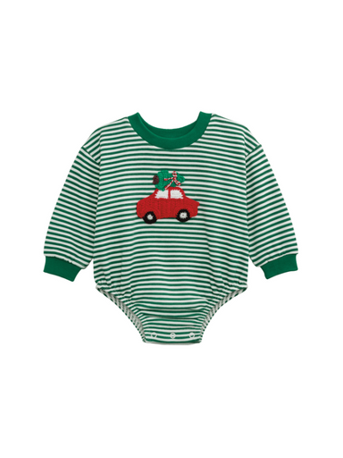 green striped baby bubble with a red car on the front 