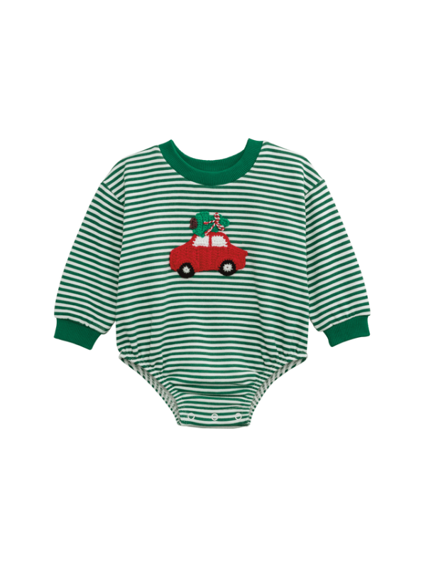 green striped baby bubble with a red car on the front 