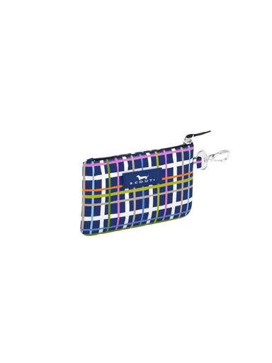A small zippered pouch with a colorful plaid pattern in purple, blue, pink, green, and white, featuring a silver carabiner clip on the side.