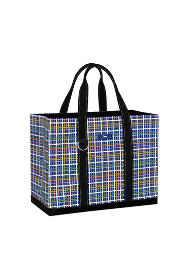 A rectangular tote bag with a blue, purple, and yellow plaid pattern, black handles, and black trim