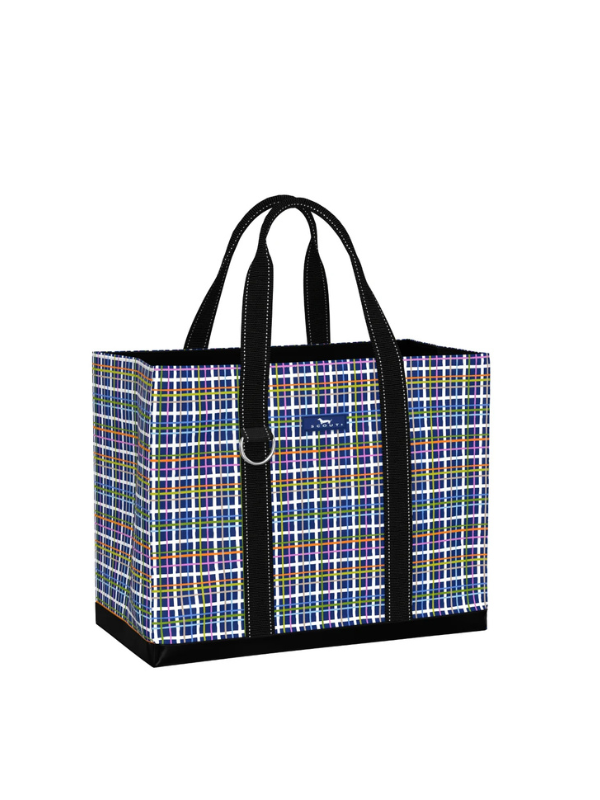 A rectangular tote bag with a blue, purple, and yellow plaid pattern, black handles, and black trim