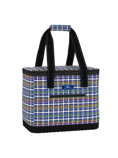 A rectangular soft-sided cooler bag with a multicolor plaid pattern, black handles, and a black base