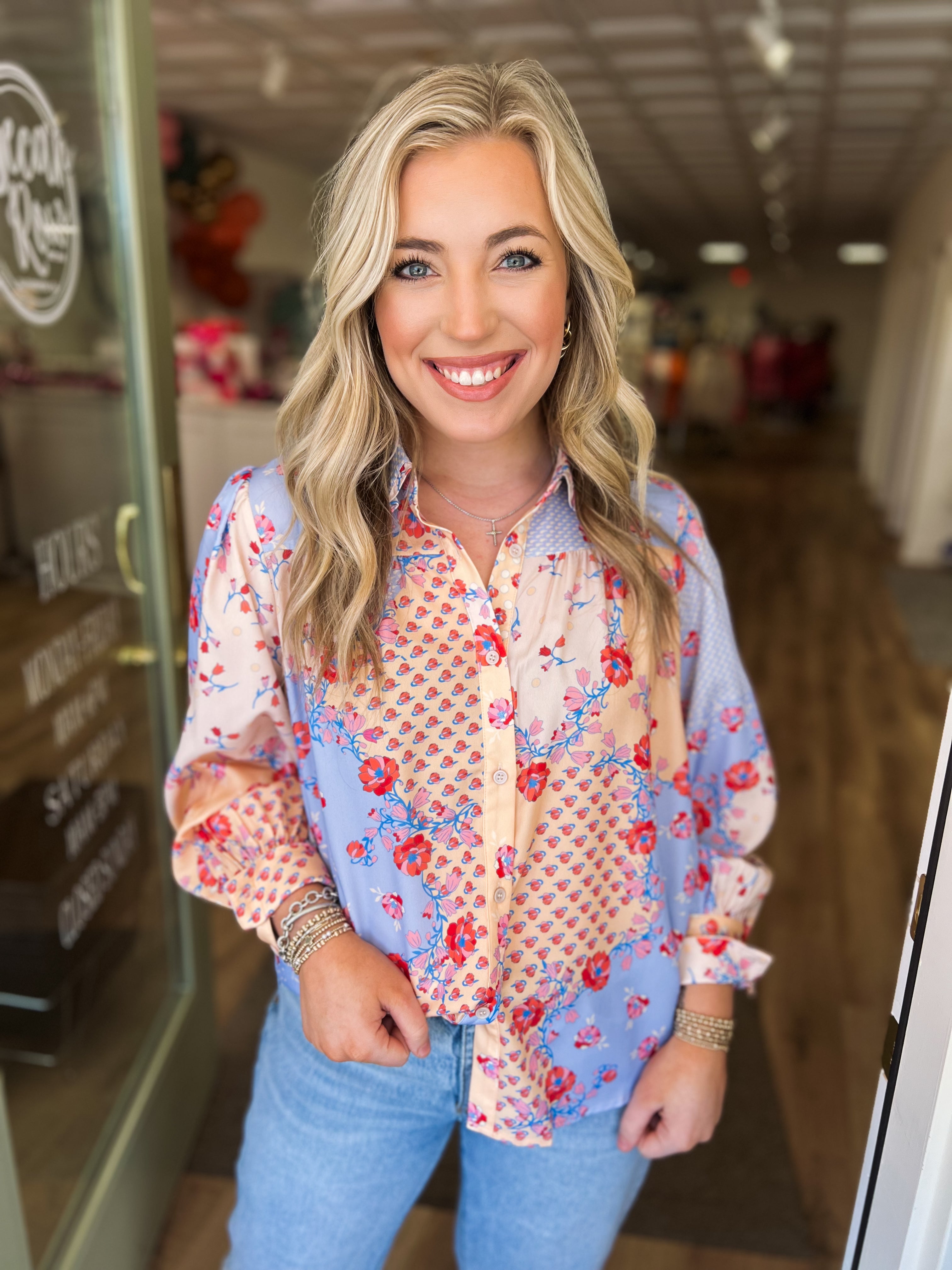 Floral Ruffle Collar Button Up Blouse by Karlie