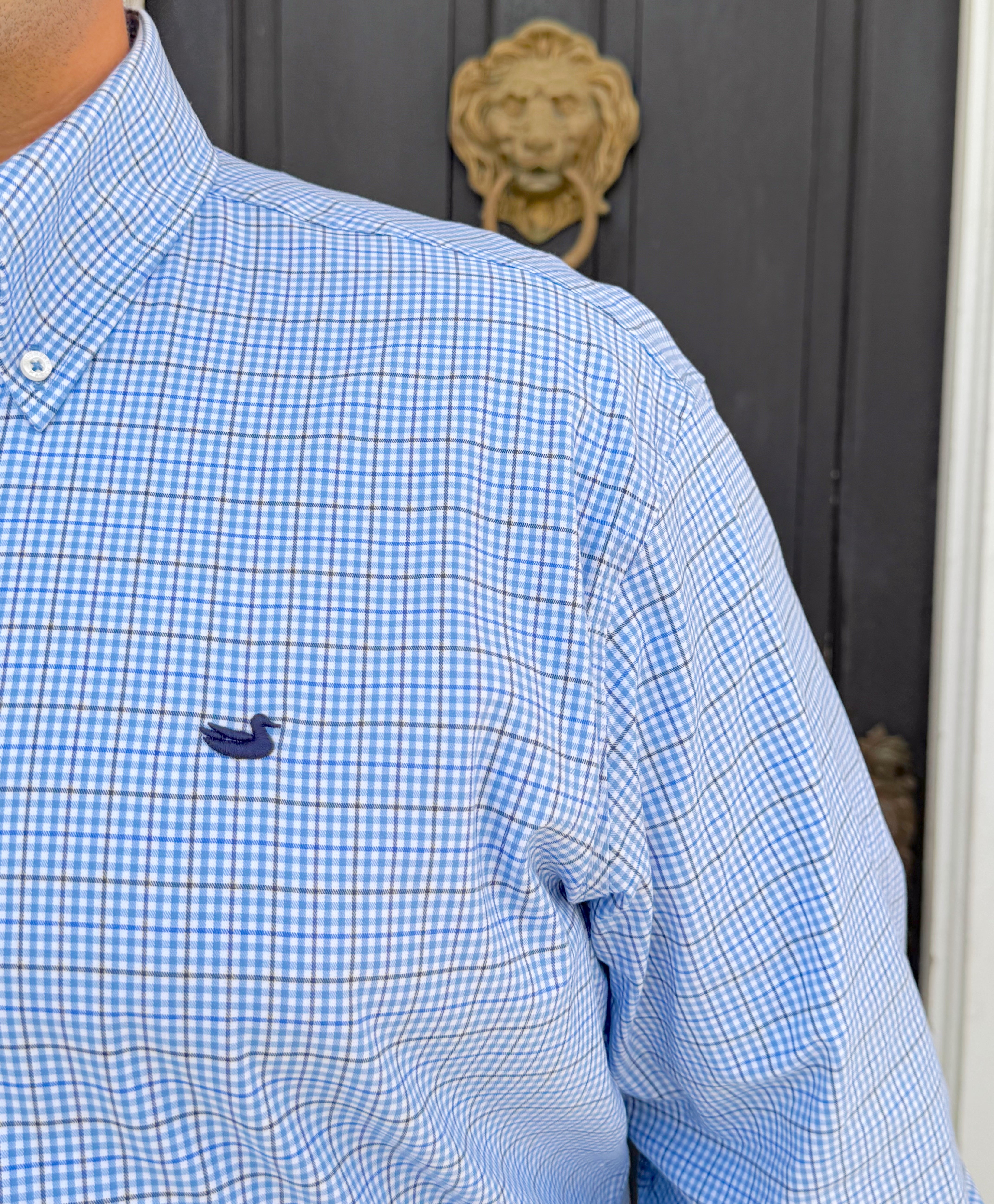 Dyer Performance Gingham Dress Shirt In French Blue & Navy By Southern Marsh
