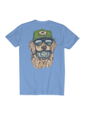 dog with hat and beer on blue shirt