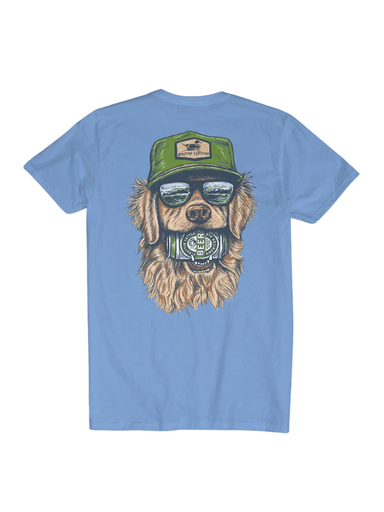 dog with hat and beer on blue shirt