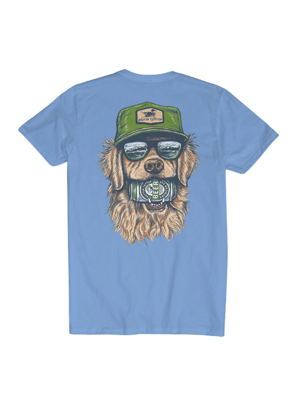 dog with hat and beer on blue shirt