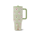 Stainless steel green striped cup with ornaments on it with a handle