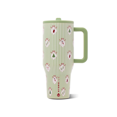 Stainless steel green striped cup with ornaments on it with a handle