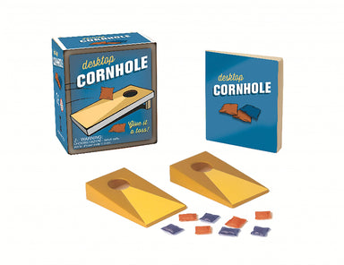 Desktop cornhole game set with packaging on a white background