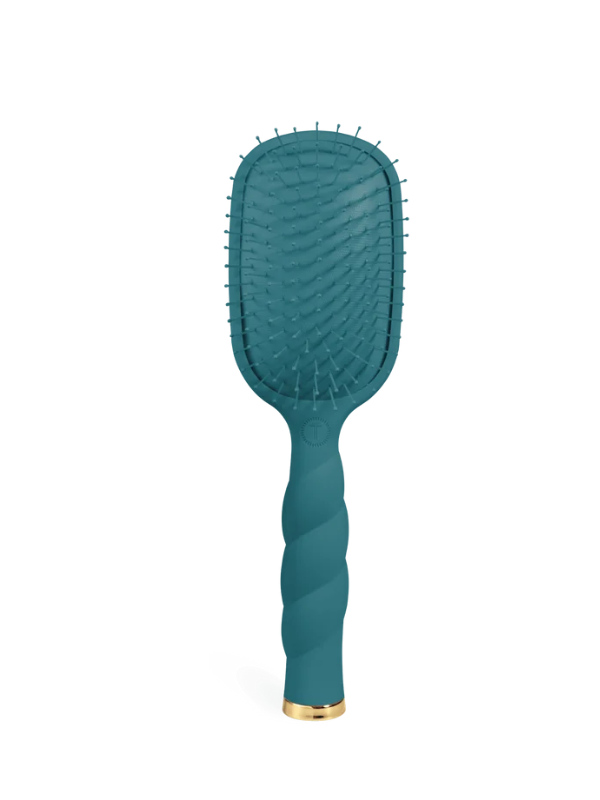 A teal blue paddle hairbrush with a twisted handle and a gold accent at the base, shown against a plain white background.