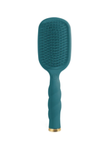 A teal green paddle hairbrush with a twisted handle and a gold accent at the base