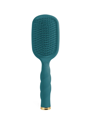 A teal green paddle hairbrush with a twisted handle and a gold accent at the base
