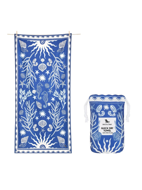 Blue and white printed quick drying towel with bag