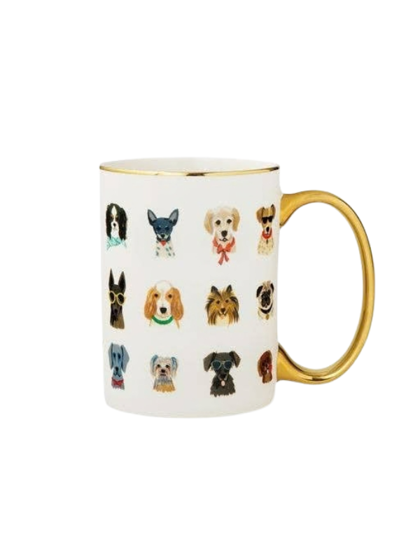 White mug with gold handle featuring illustrations of dogs
