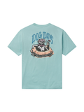 teal color tshirt with a dog in a tube on back