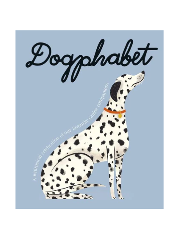Dogphabet book cover with a Dalmatian dog illustration on a light blue background