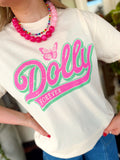 This ivory graphic tee features a fun retro-inspired “Dolly Forever” design in bright pink and green with a sweet butterfly detail. 