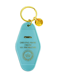 Blue keychain with gold text and car illustration on a white background