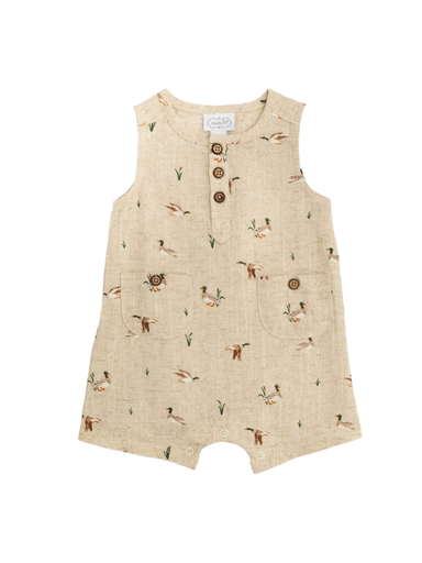 Duck print linen boys baby romper snap closure sleeveless