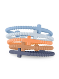 Five beaded silicone bracelets stacked together on a white background, featuring cross charms in light blue, white, peach-orange, and dark blue-gray.