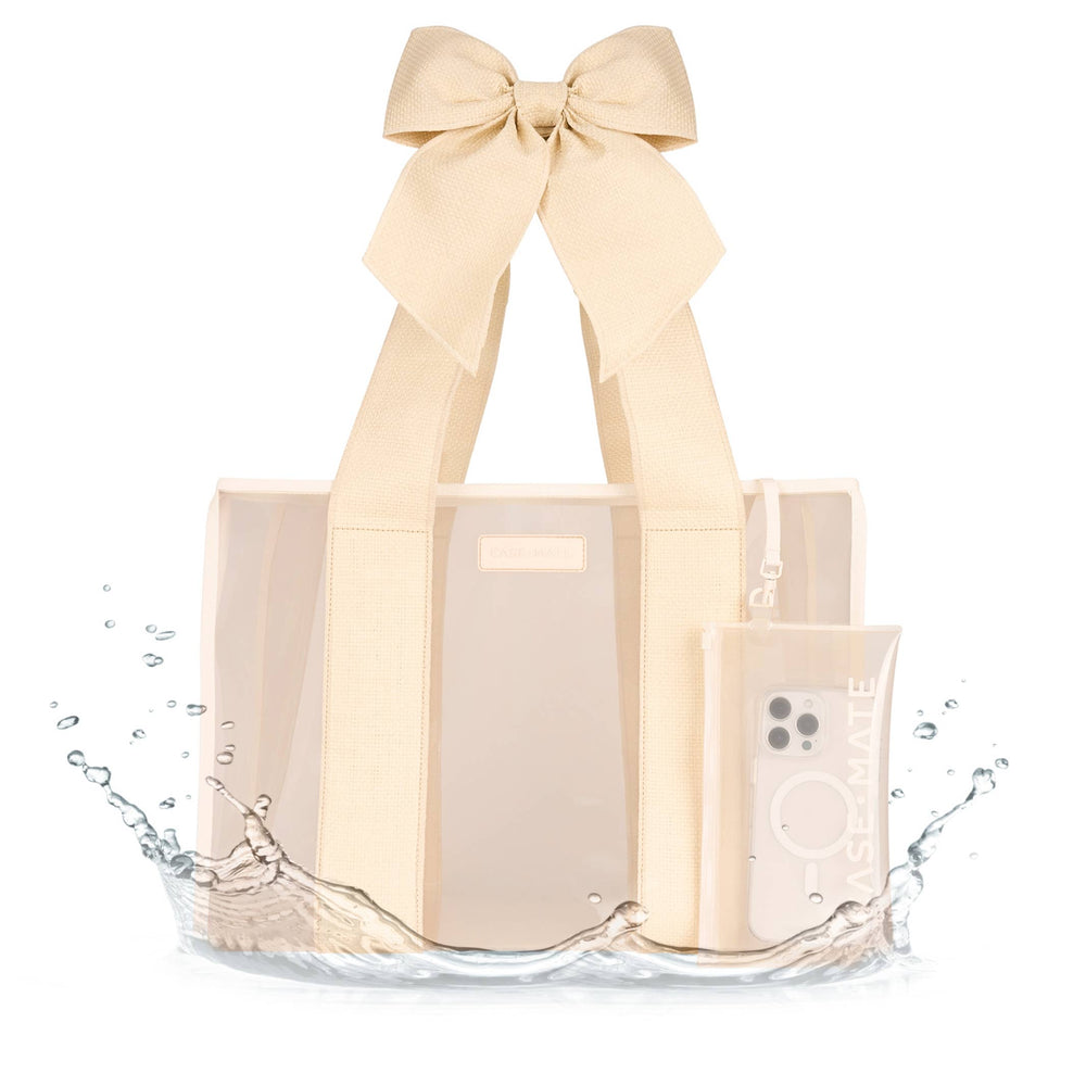 Jelly Tote Bag with a large beige bow on a white background