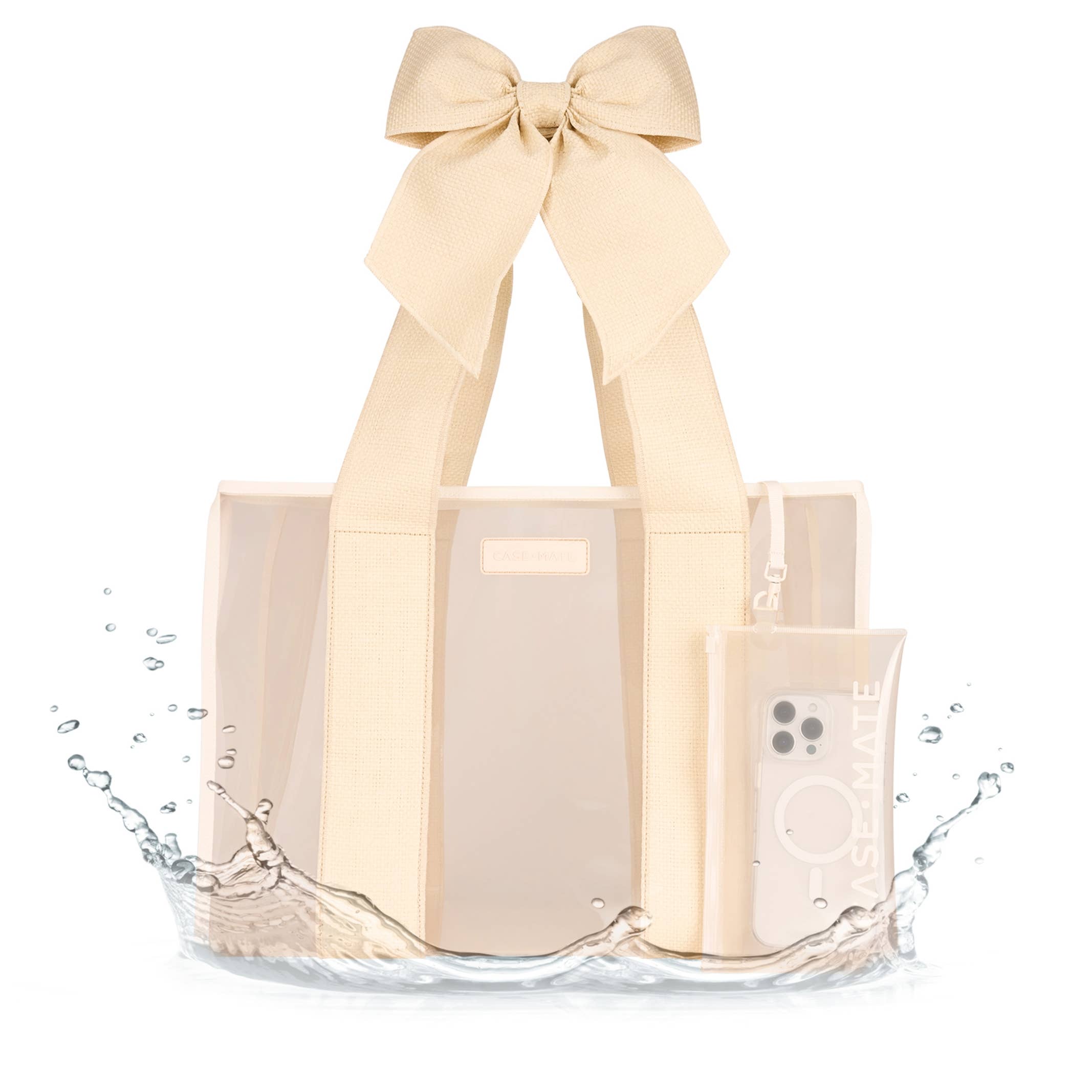 Jelly Tote Bag with a large beige bow on a white background