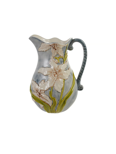 Stoneware Pitcher With White Flowers