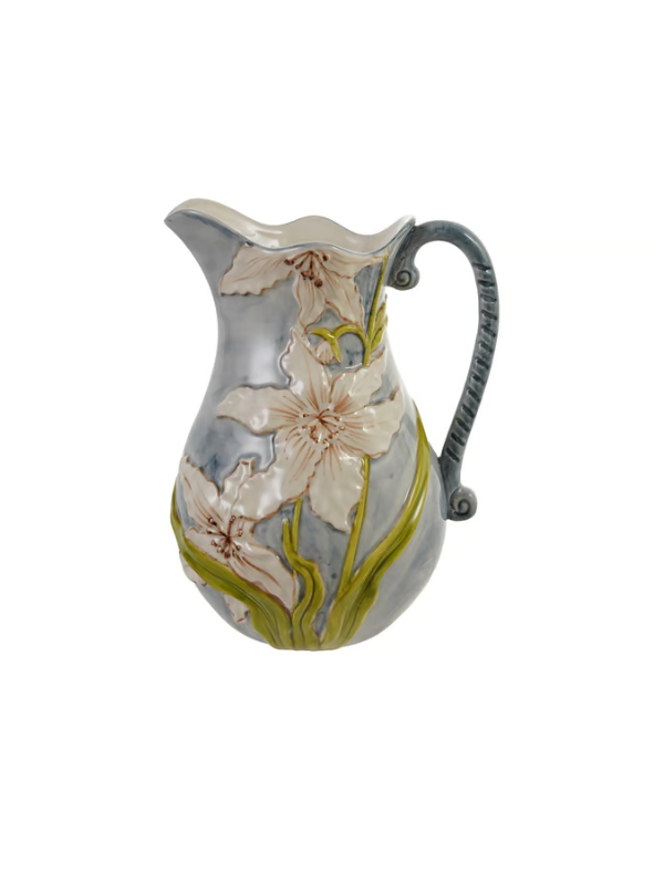 Stoneware Pitcher With White Flowers