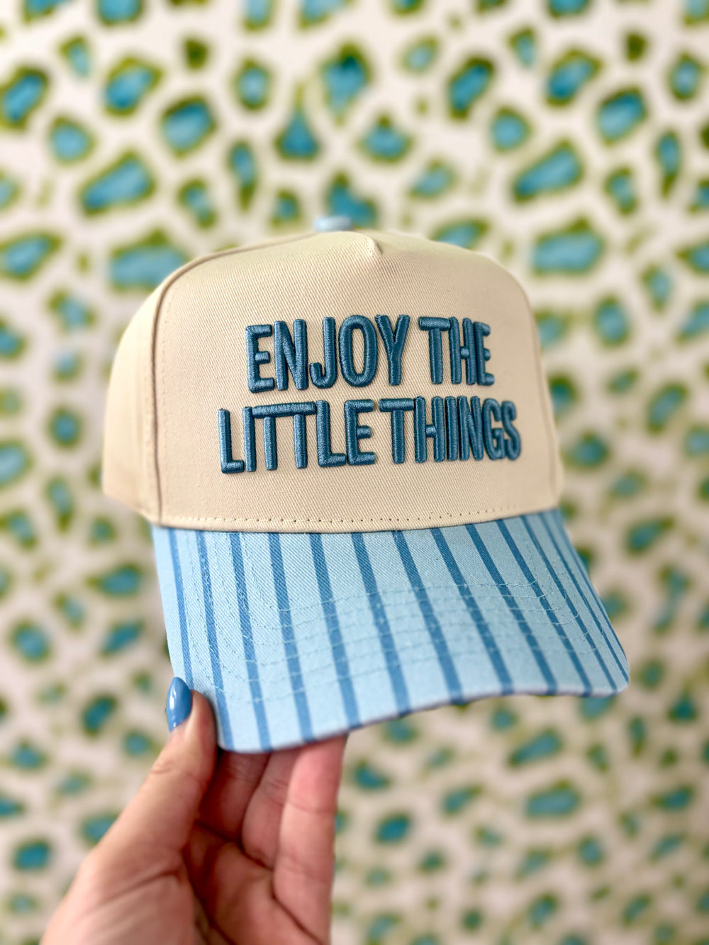 Enjoy the Little Things Vintage Striped Trucker Hat blue trendy cap
