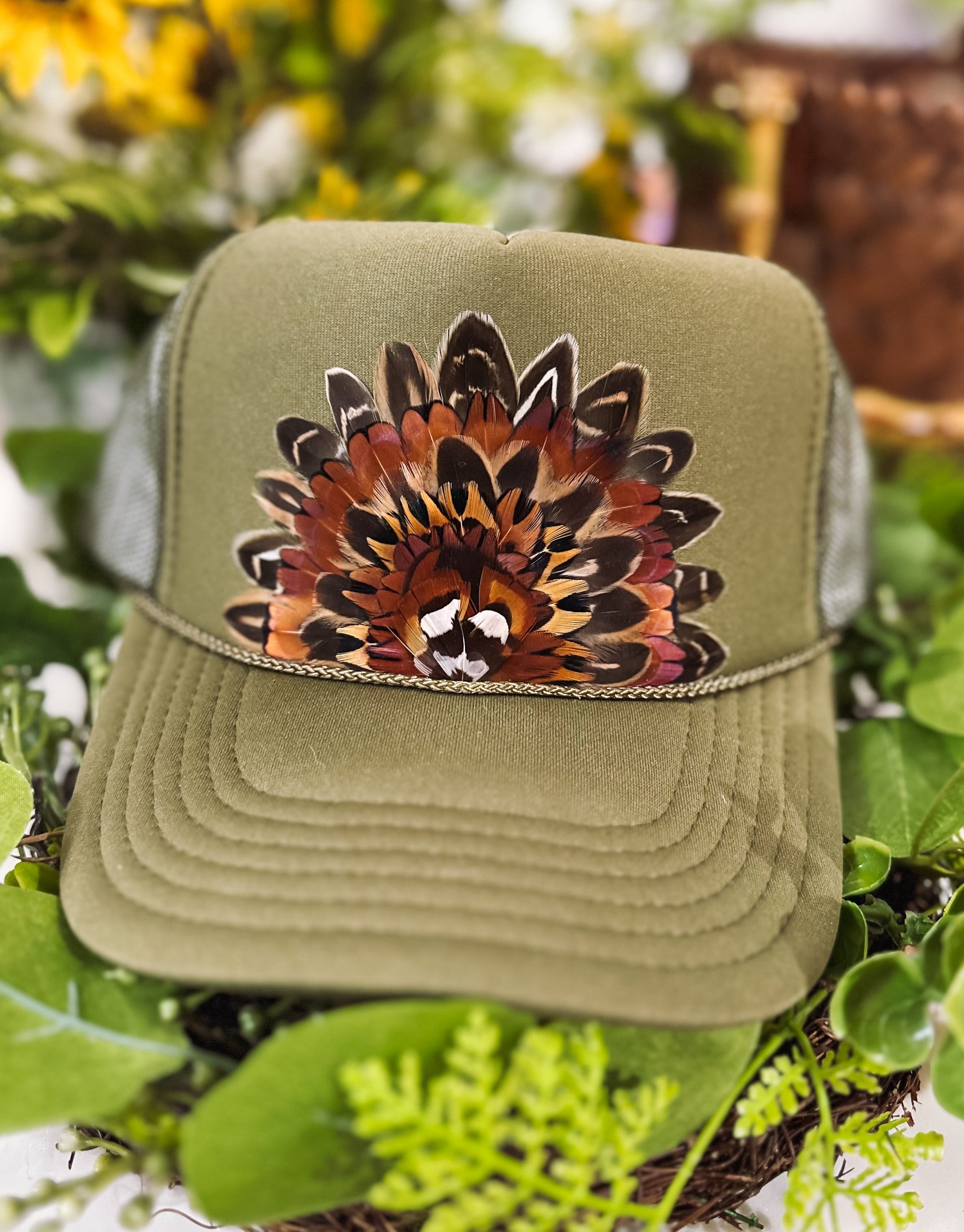 The Harper Olive Green Feathered Trucker Hat