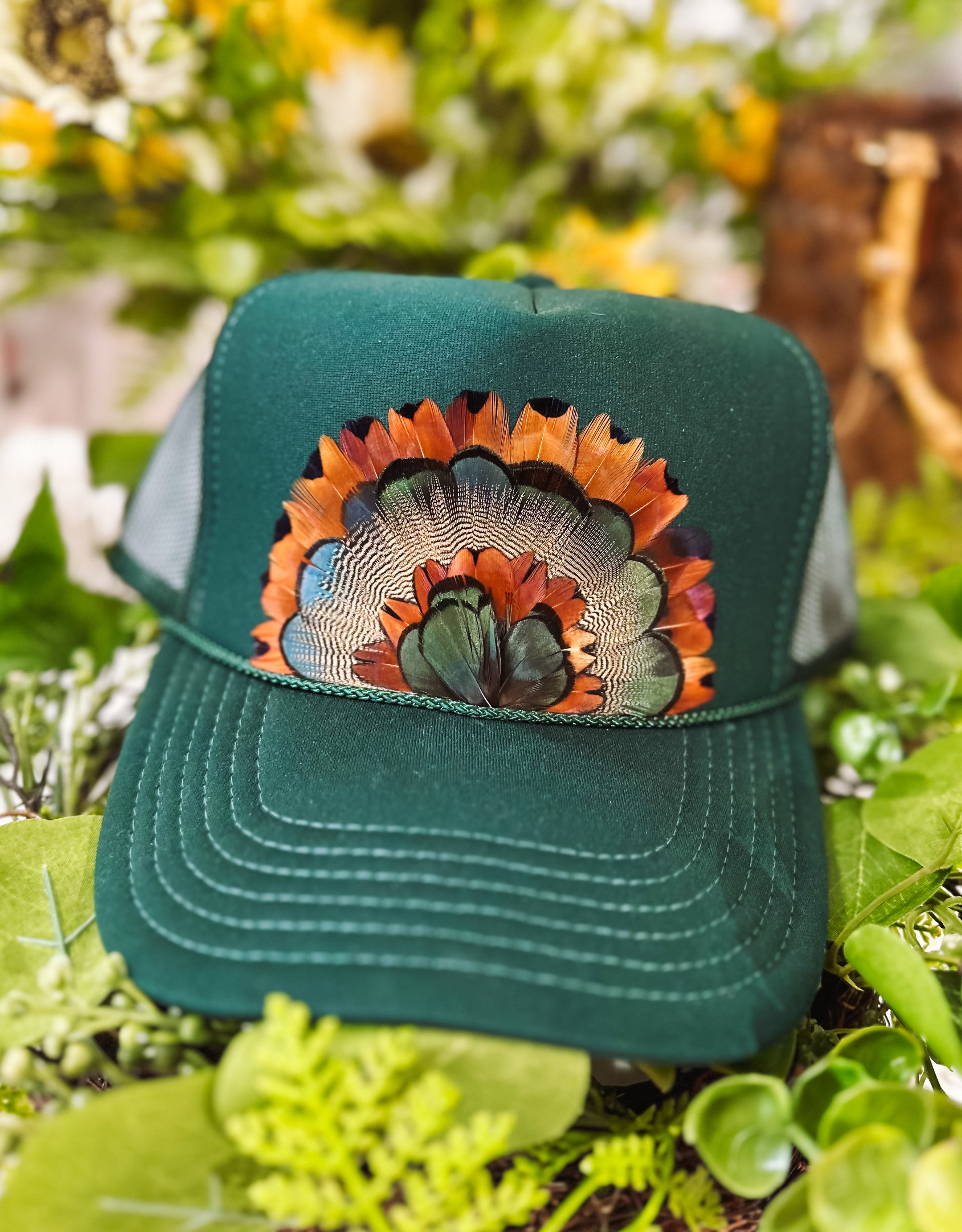 The Darby Hunter Green Feathered Trucker Hat