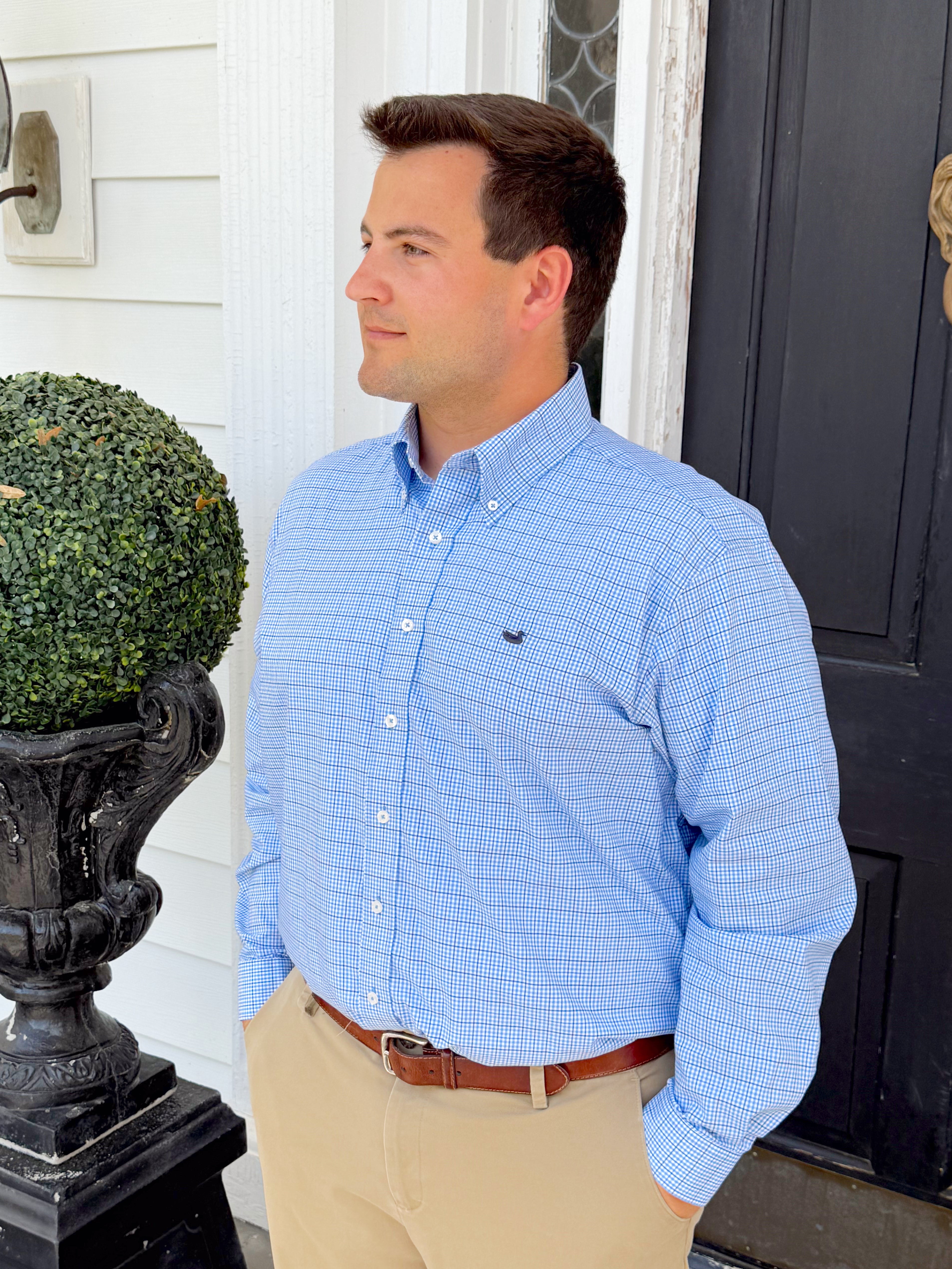 Dyer Performance Gingham Dress Shirt In French Blue & Navy By Southern Marsh