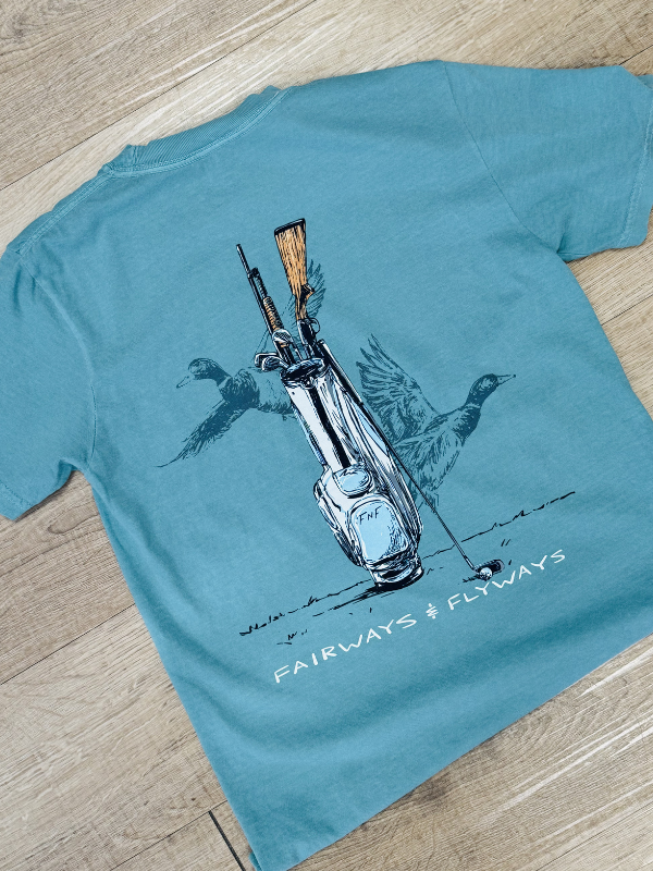 gold bag with ducks flying tee