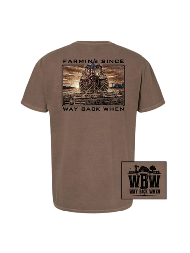 brown tee with a tractor and American flag