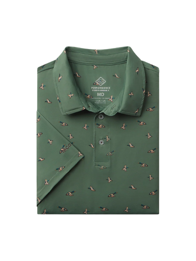 Green polo with mallard ducks printed all over 