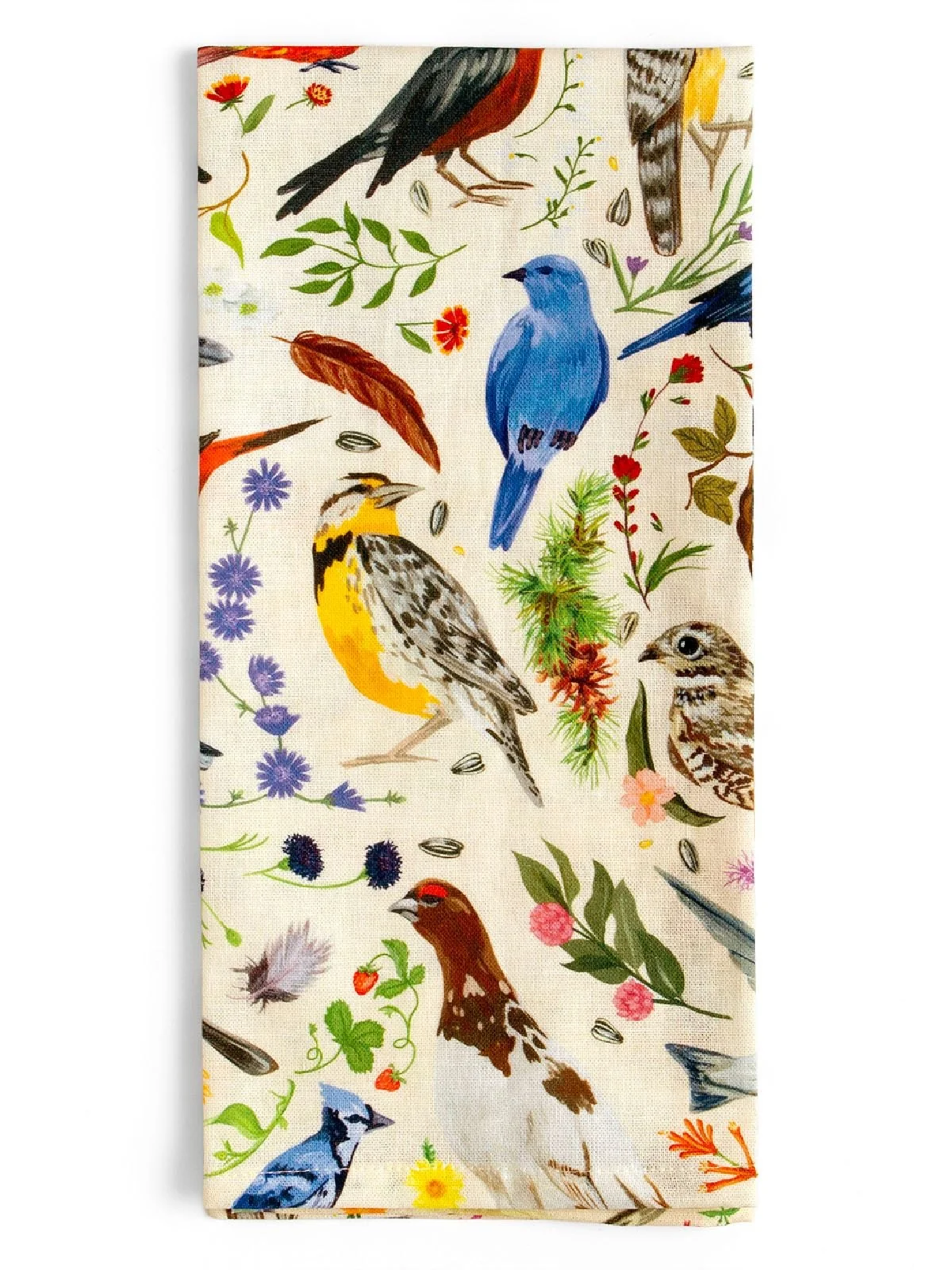 Kitchen tea towel with colorful bird and floral illustrations, featuring various songbirds and botanical details on a neutral background.