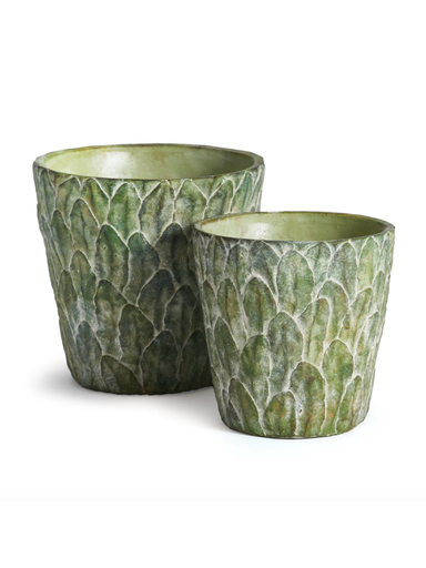 Two green ceramic planters with textured surface