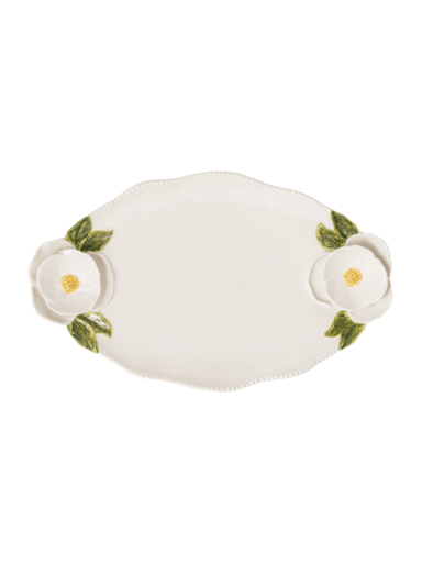 white oval platter with white flowers 