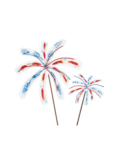 Two red, white, and blue firework stakes 
