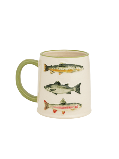 Ceramic stoneware mug with fish design nature outdoors fishing 