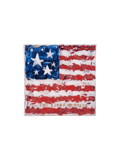 American flag painted on a white canvas with God Bless America on it.