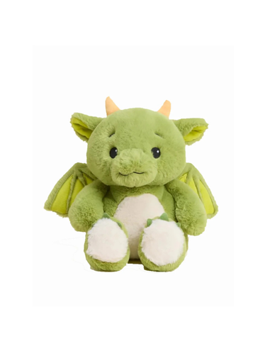 A small green plush dragon toy with yellow horns, yellow wings, and white feet