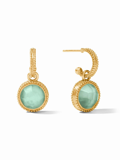 Gold earrings with green gemstones on a white background