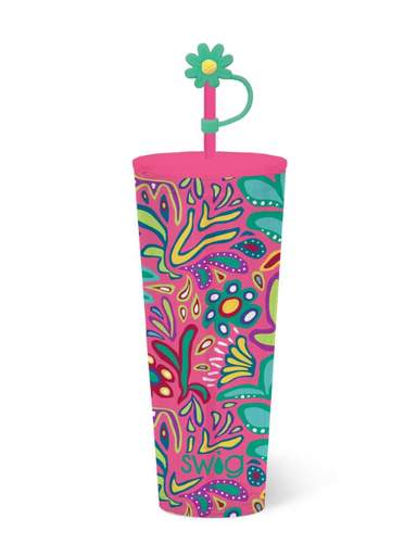 Colorful tumbler with abstract design and 'SWAG' branding on a white background