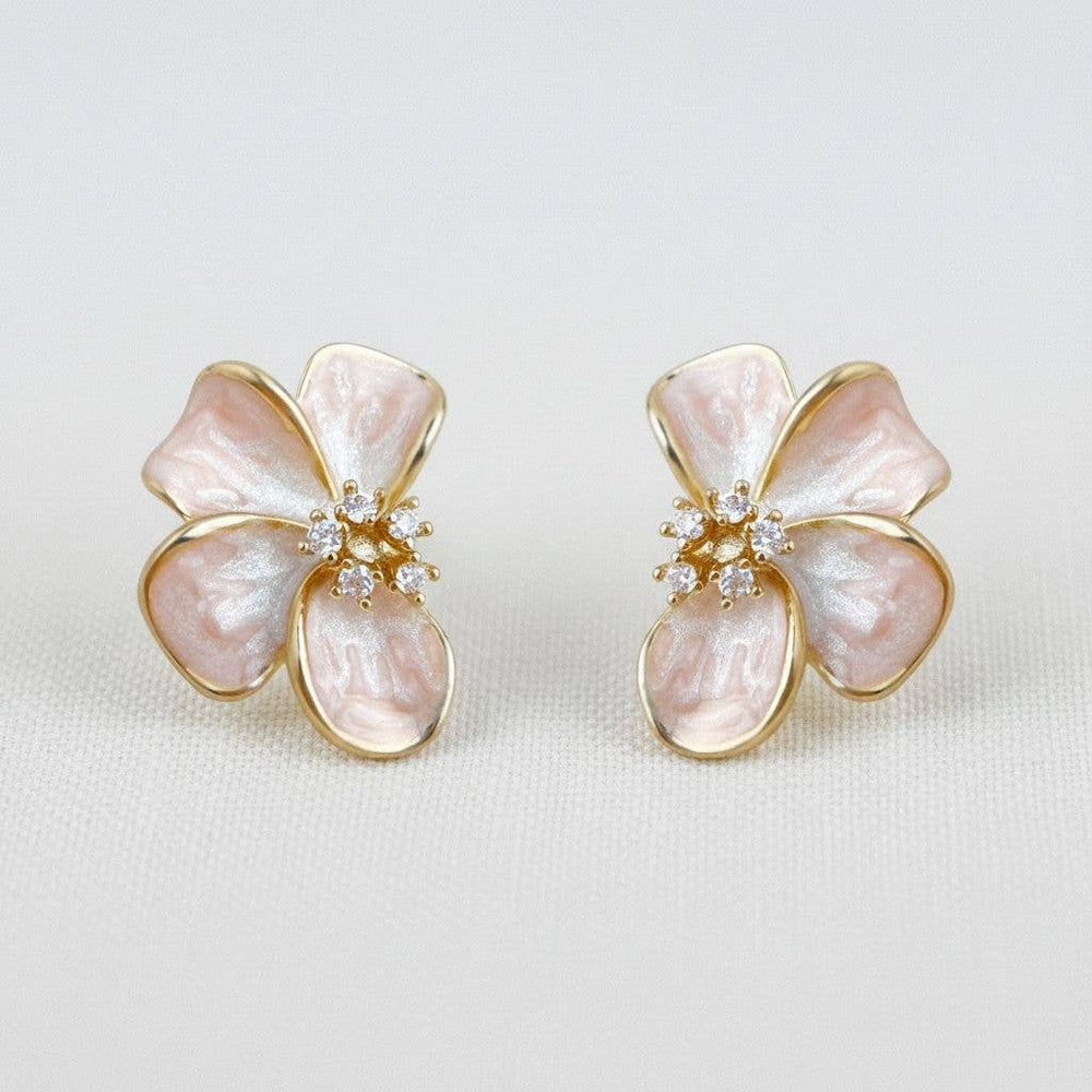 Light pink floral sparkling accent stud earrings 