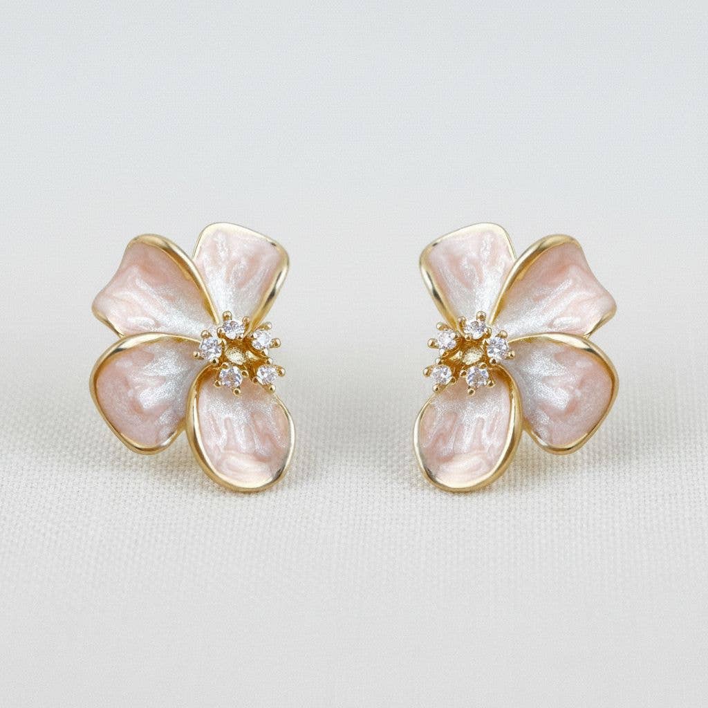 Light pink floral sparkling accent stud earrings 