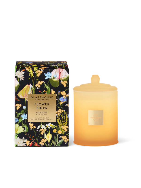 Flower show floral blossoms and blooms non-toxic soy wax glass candle by glasshouse fragrances 